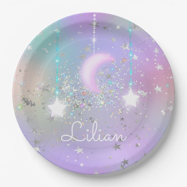 Pastel night sky glowing moon stars glitter cute paper plates (Front)