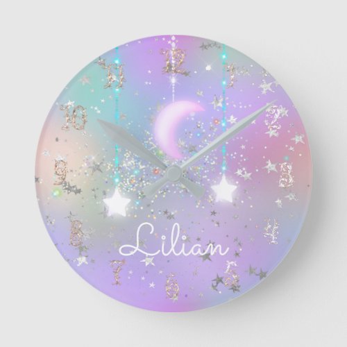 Pastel night sky glowing moon stars glitter cute  round clock