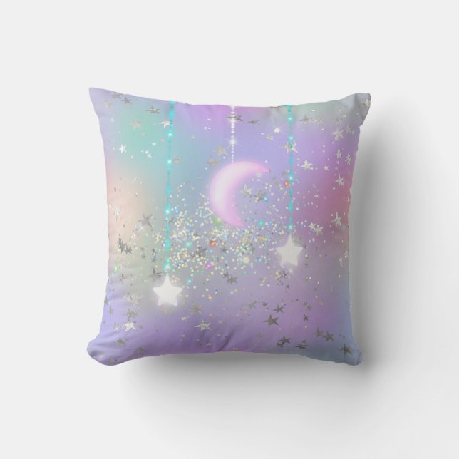 Pastel night sky glowing moon stars glitter cute t throw pillow (Front)