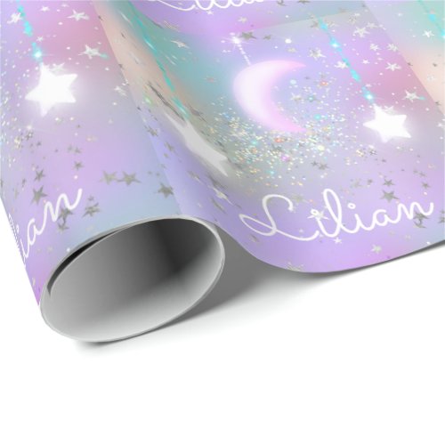 Pastel night sky glowing moon stars  wrapping paper