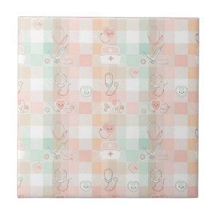 Pastel Nurse Life Checkered Pattern Ceramic Tile