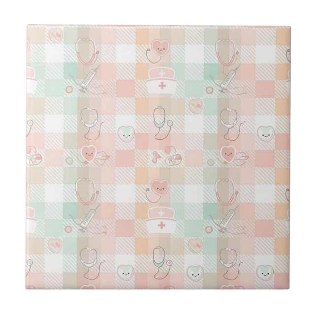 Pastel Nurse Life Checkered Pattern Ceramic Tile (Front)