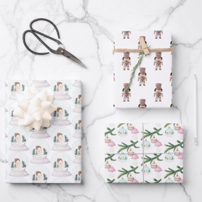 Pastel Nutcracker Ballerina Christmas Wrapping Paper Sheets (Front)