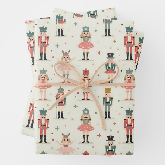 Pastel Nutcrackers and Ballerinas Wrapping Paper Sheets (In situ)