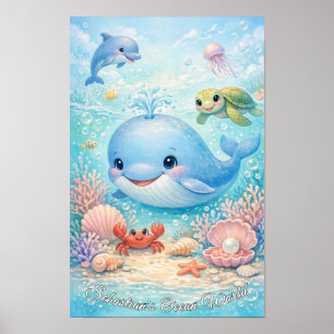 Pastel Ocean Animals Boy Blue Whale Dolphin Turtle Poster