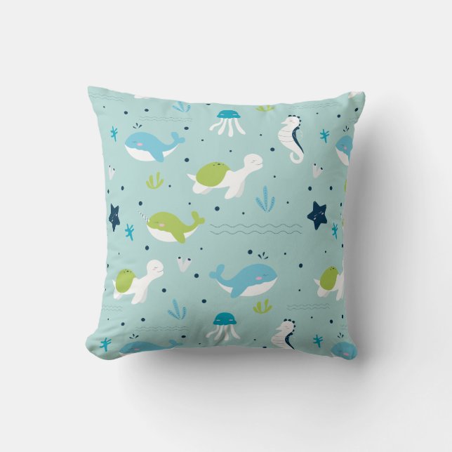 Pastel Ocean Beach Animal Pattern Throw Pillow (Front)