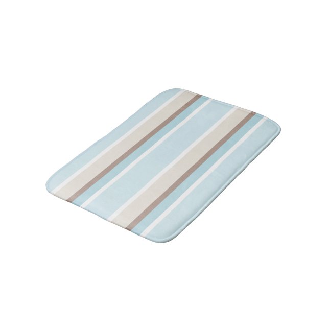 Pastel Ocean Blue Beige Brown White Stripe Pattern Bathroom Mat (Angled)