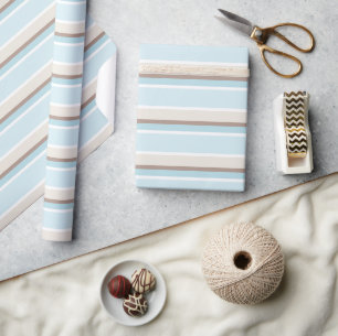 Pastel Ocean Blue Beige Brown White Stripe Pattern Wrapping Paper