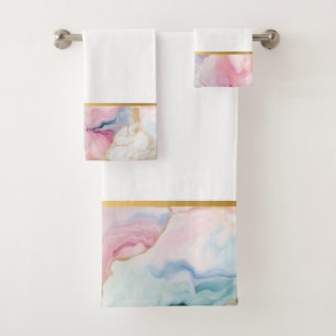 PASTEL OCEAN MARBLE GOLD WHITE BATHROOM TOWEL SET