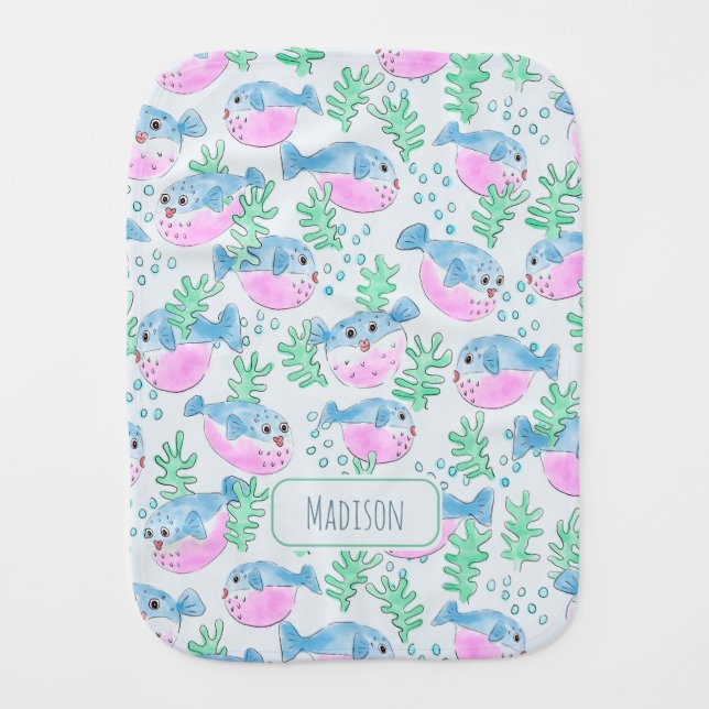 Pastel Ocean Puffer Fish Baby Print Baby Burp Cloth (Front)