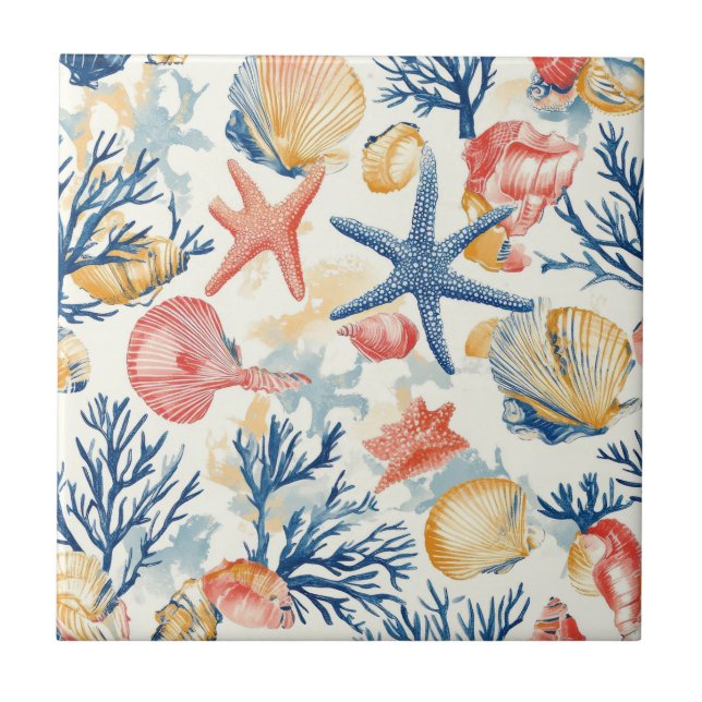 Pastel Ocean Shells with Delicate Coral Twigs Ceramic Tile (Front)