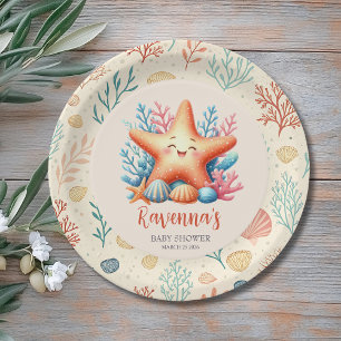 Pastel Ocean Starfish Custom Name Baby Shower Paper Plates