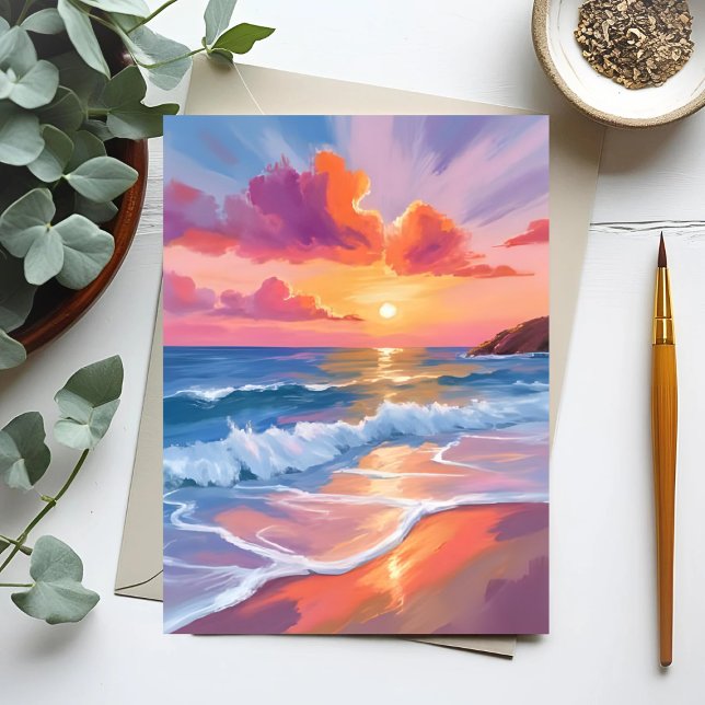 Pastel Ocean Sunset | Colorful Beach Painting  Postcard (Creator Uploaded)