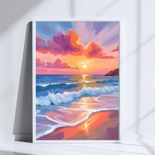 Pastel Ocean Sunset   Colorful Beach Painting  Poster