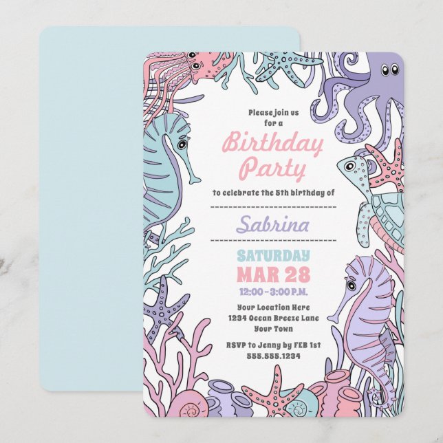 Pastel Ocean Theme Sea Life Birthday Invitation (Front/Back)