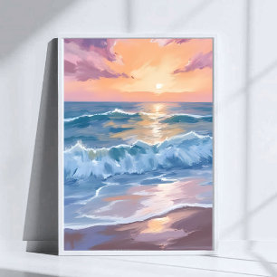 Pastel Ocean Waves Watercolor Sea Painting Poster