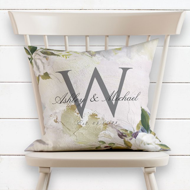 Pastel Oils White Rose Monogram Wedding Keepsake Throw Pillow (Creator Uploaded)