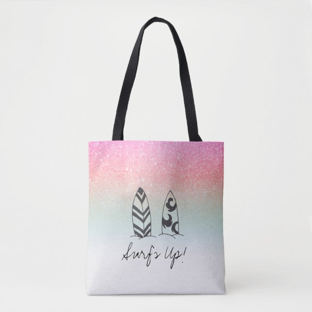 *~* Pastel Ombre Glitter Peach Pink Surfer Tote Bag (Front)
