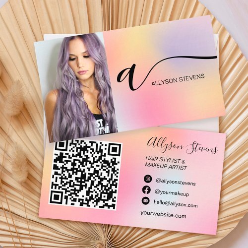 Pastel ombre hair makeup photo initial qr code business card