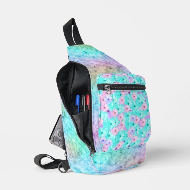 PASTEL OMBRE PINK AND BLUE DAISY FLOWERS SLING BAG (Open)