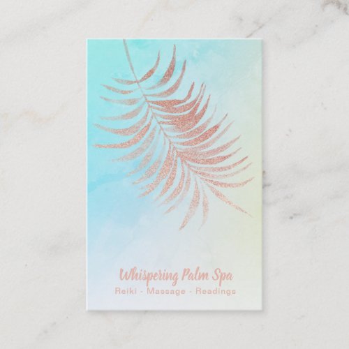   Pastel Ombre Rose Gold Palm Leaf Turquoise Business Card