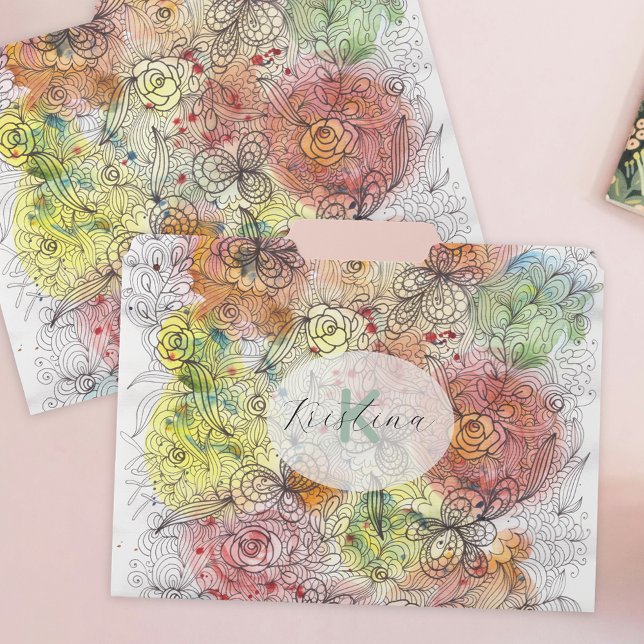 Pastel Ombre Watercolor and Ink Floral Doodles  File Folder (Creator Uploaded)