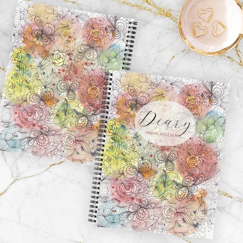 Pastel Ombre Watercolor and Ink Floral Doodles  Notebook