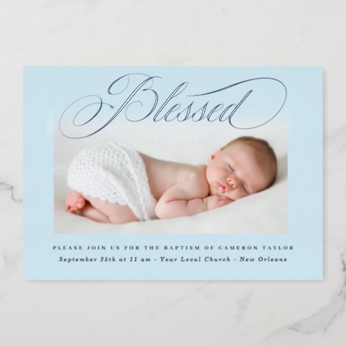 Pastel One Photo Baptism Silver Foil Invitation