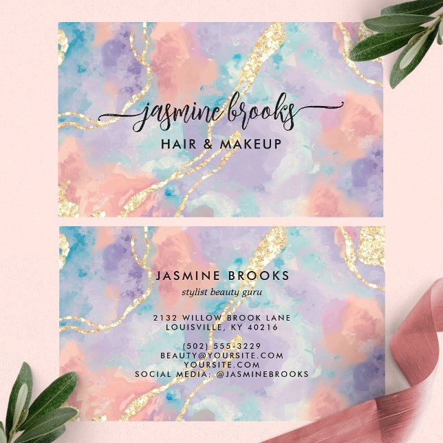Pastel Opal Watercolor Gold Glitter Business Card (Creator Uploaded)