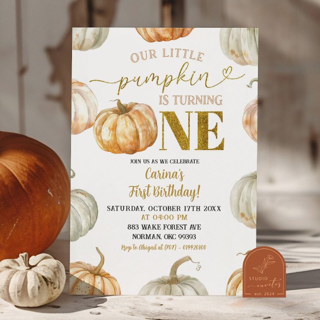 Pastel Orange and Gold Pumpkin First Birthday Invitation (Creator Uploaded)