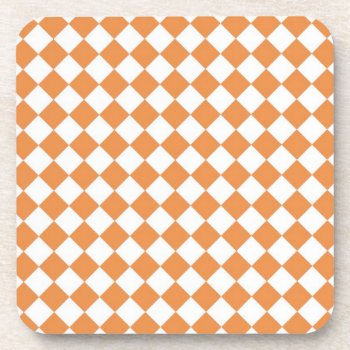 Pastel Orange And White Diamond Check Pattern Drink Coaster by sumwoman at Zazzle