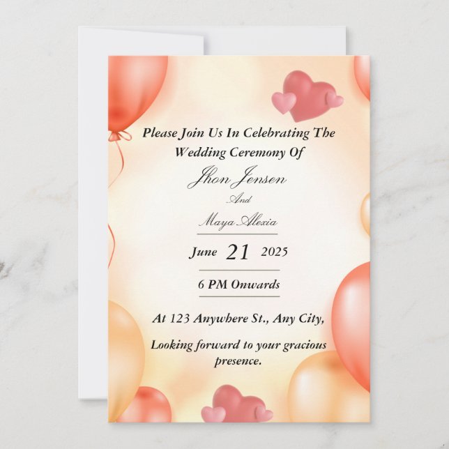Pastel Orange Balloon Wedding Invitation with Hear (Front)