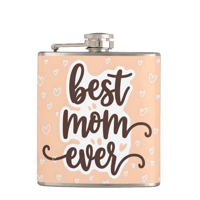 Pastel Orange Best Mom Ever Script Hearts Flask (Front)