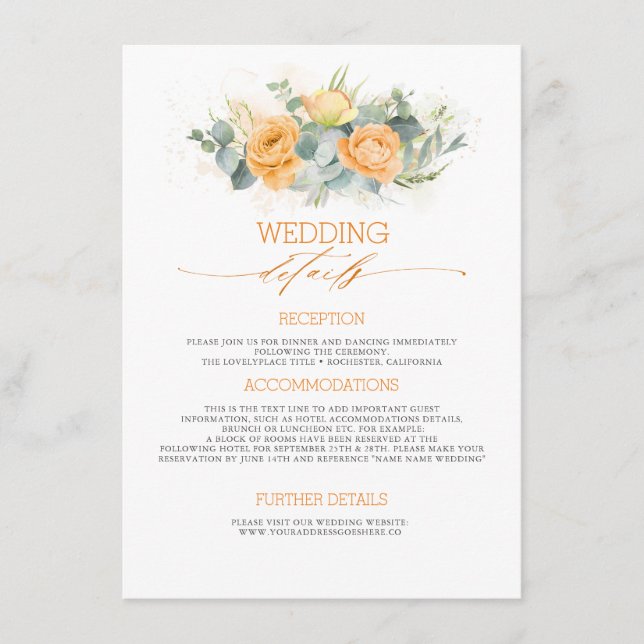 Pastel Orange Flowers Wedding Information Guest Enclosure Card (Front)