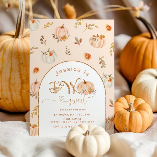 Pastel orange gold little pumpkin 2nd birthday invitation