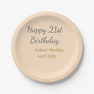 Pastel orange gray happy 21st birthday name date paper plates