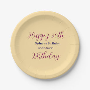 Pastel orange happy 30th birthday name date purple paper plates