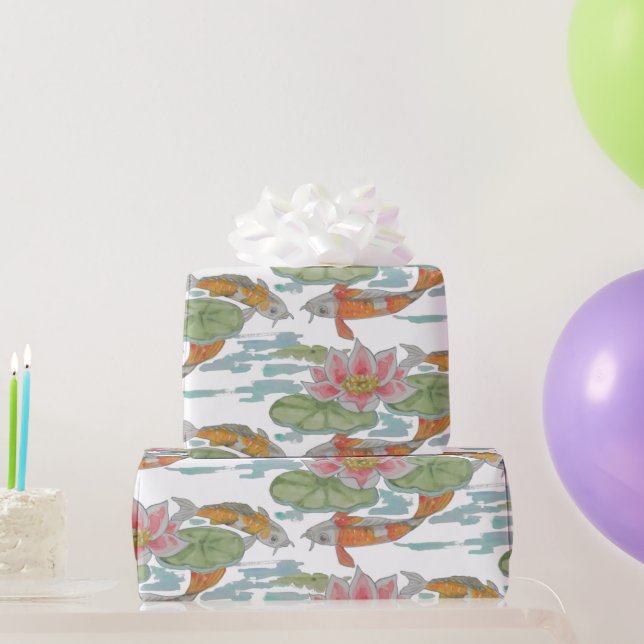 Pastel Orange Koi Fish Pink Flower Spring Garden Wrapping Paper (Party Gifts)