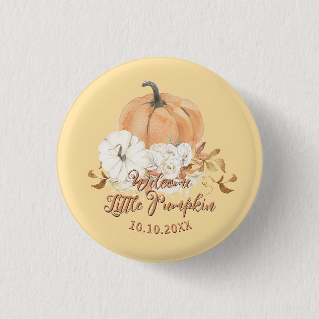 Pastel Orange Little Pumpkin Baby Shower Button (Front)