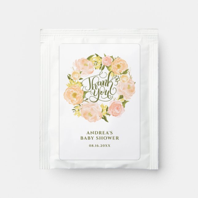 Pastel Orange Peonies Wreath Baby Shower Thank You Tea Bag Drink Mix (Front)