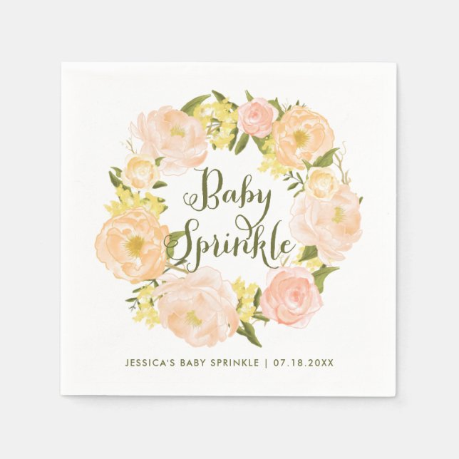 Pastel Orange Peonies Wreath Baby Sprinkle Napkins (Front)
