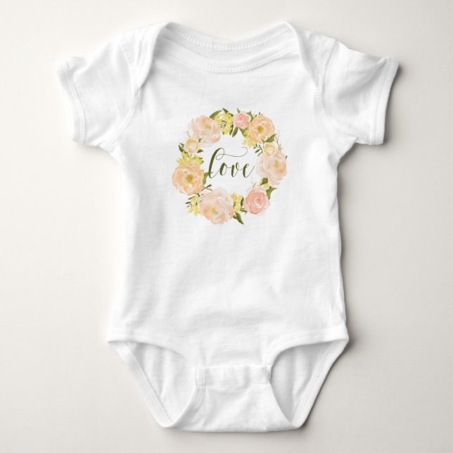 Pastel Orange Peonies Wreath | Love Lettering Baby Bodysuit (Front)
