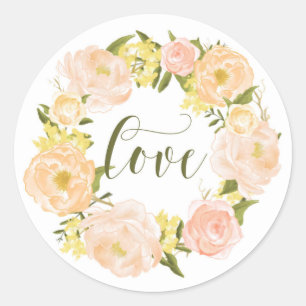 Pastel Orange Peonies Wreath Love Lettering Classic Round Sticker