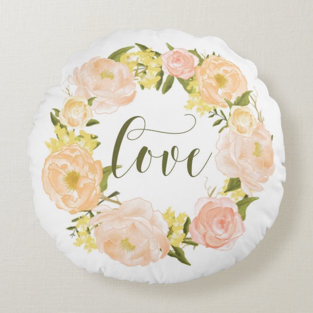 Pastel Orange Peonies Wreath | Love Lettering Round Pillow (Front)