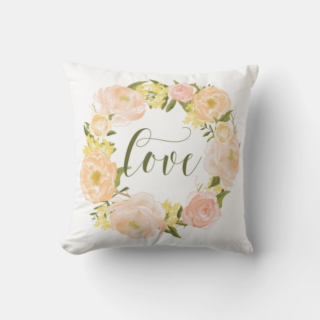 Pastel Orange Peonies Wreath | Love Lettering Throw Pillow (Front)