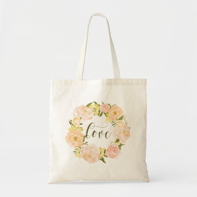 Pastel Orange Peonies Wreath | Love Lettering Tote Bag (Front)