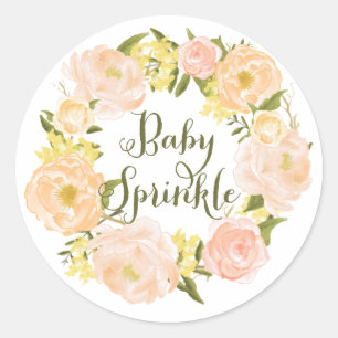 Pastel Orange Peony Wreath Baby Sprinkle Classic Round Sticker