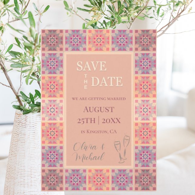 Pastel orange pink tiles pattern wedding save the date (Creator Uploaded)