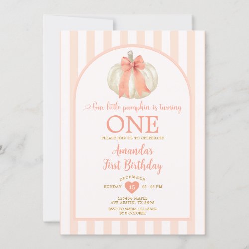 Pastel Orange Pumpkin Bowtie 1st Birthday Party Invitation