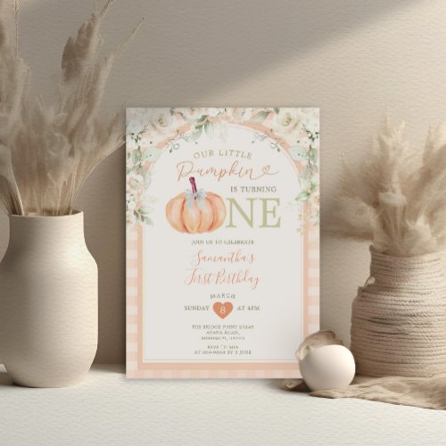 Pastel Orange Pumpkin Floral Gingham 1st Birthday Invitation